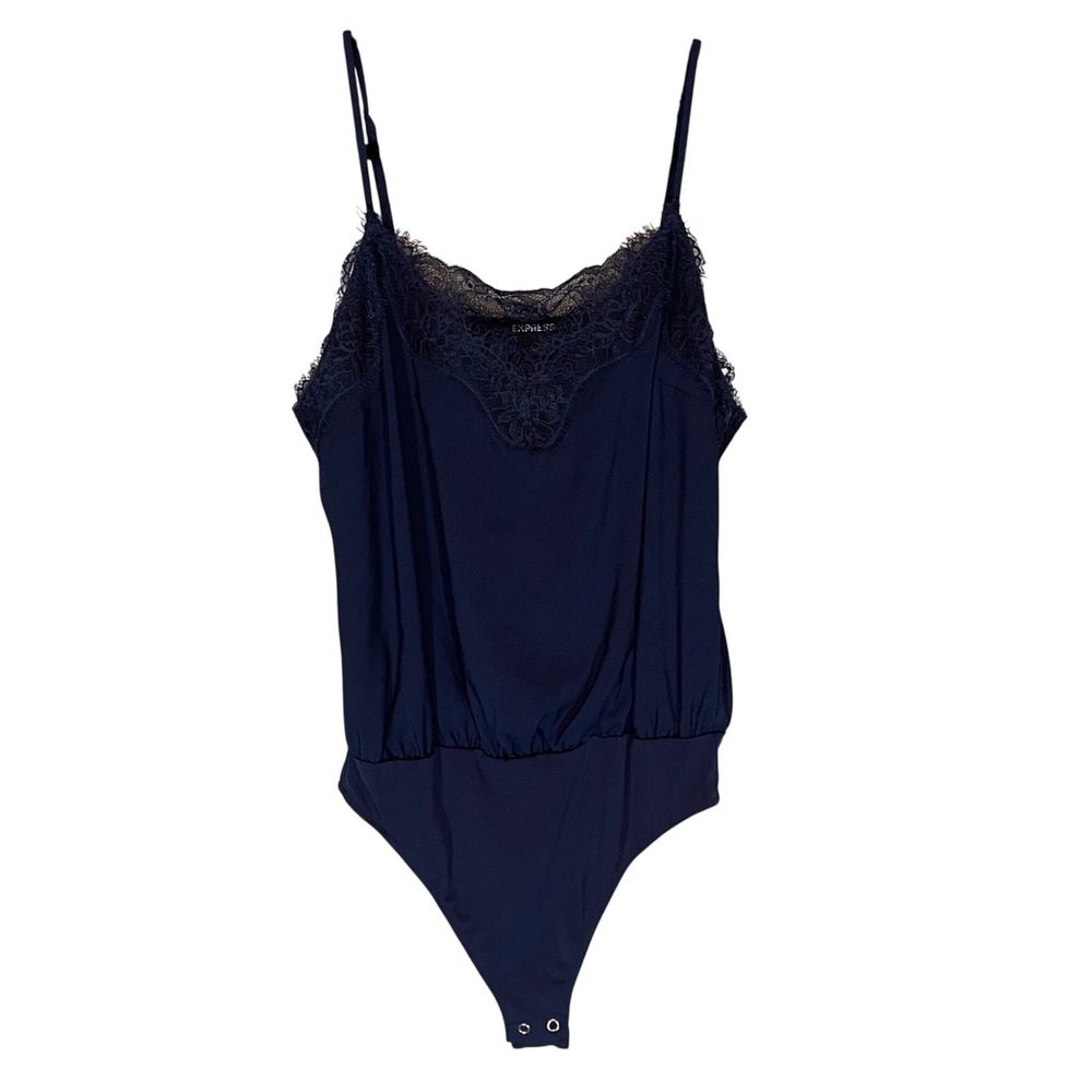 Express Conscious Edit Navy Blue Lace Trim Bodysuit M V-Neck Camisole Coquette